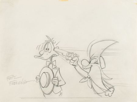Lot #1095 Daffy Duck and Yosemite Sam production drawing signed by Friz Freleng Production Drawing - Image 1
