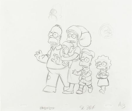 Lot #1138 Homer, Marge, Maggie, Lisa, and Bart production drawing from Simpsons Production Drawing - Image 1