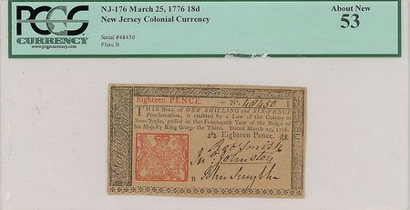 Lot #206 1776 18 Pence New Jersey Colonial Currency Colonial Currency - Image 1