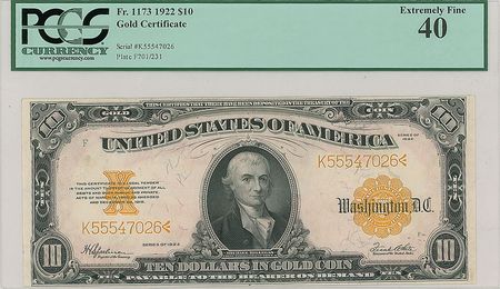 Lot #236 Fr. 1173 1922 $10 Gold Certificate Gold Certificate - Image 1