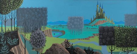 Lot #947 Eyvind Earle concept storyboard painting and from Sleeping Beauty (1959) and matching Walt Disney Company giclee: A fairytale landscape by the great Eyvind Earle - Image 1