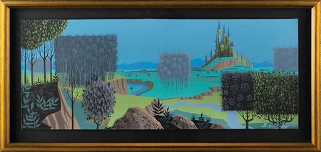 Lot #947 Eyvind Earle concept storyboard painting and from Sleeping Beauty (1959) and matching Walt Disney Company giclee: A fairytale landscape by the great Eyvind Earle - Image 2