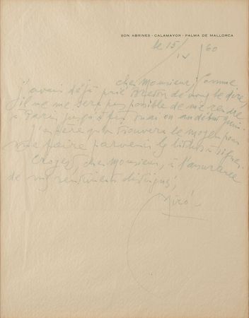 Lot #385 Joan Miro Handwritten Letter Signed - Image 2