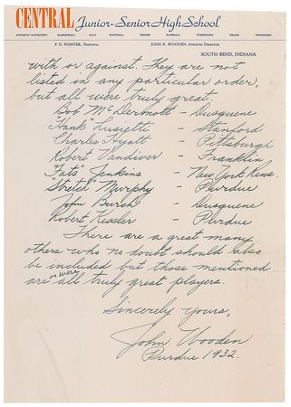 Lot #805 John Wooden: In 1943, Wooden lists basketball?s ?truly great