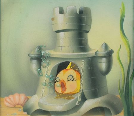 Lot #905 Cleo production cel from Pinocchio: Courvoisier set-up of sleepy Cleo from Pinocchio - Image 1