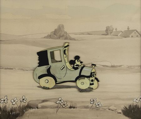 Lot #862 Mickey Mouse production cel from Traffic Troubles, with production background from The Picnic: Rare production set-up created with elements from two early Mickey shorts - Image 1