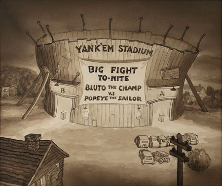Lot #855 Yank'em Stadium production background from the Popeye cartoon Let's You and Him Fight: Detailed hand-painted background from the Popeye-Bluto boxing short Let's You and Him Fight - Image 1