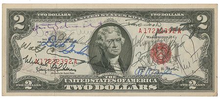 Lot #2263  Apollo Astronauts Signed Two-Dollar Bill - Image 1