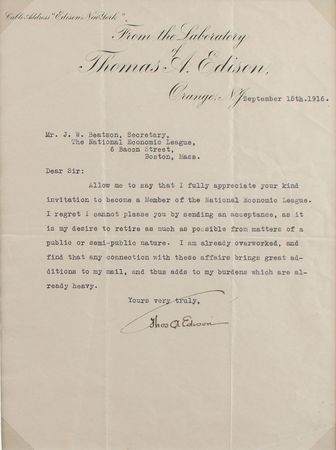 Lot #2033 Thomas Edison Typed Letter Signed