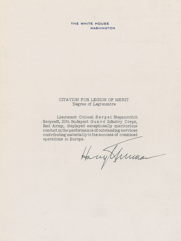 Lot 45 Harry S. Truman: Legion of Merit awarded to a Red Army colonel for 
