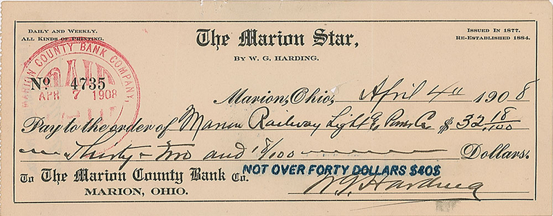 Lot 92 Warren G. Harding Check