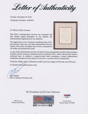 Lot #4079 Stan Musial Document Signed - Image 2