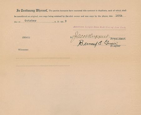 Lot #4062 Ban Johnson and Jacob Ruppert Signed Contract - Image 1