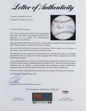 Lot #4107 Babe Ruth, Walter Johnson, and Connie Mack Signed Baseball - Image 7
