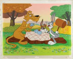Lot #626 Bugs Bunny, Shorty, and Pete Puma master background set-up and drawing entitled How Many Lumps Production Drawing and Master Background - Image 1
