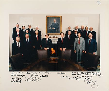 Lot #58 Ronald Reagan and Cabinet: Superior multi-signed portrait of President Reagan with his cabinet and key advisors - Image 1