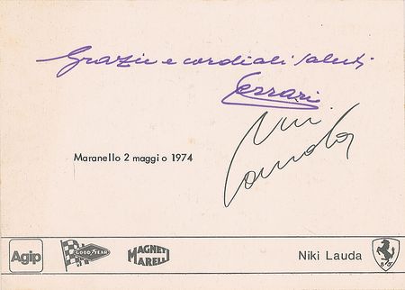 Lot #873 Enzo Ferrari and Niki Lauda Signature - Image 1