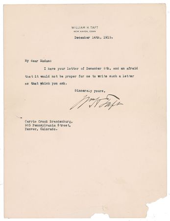 Lot #132 William H. Taft Typed Letter Signed - Image 1