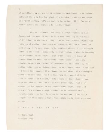 Lot #458 Frank Lloyd Wright: Wright?s essay on ?The International Style? - Image 2