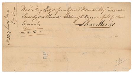 Lot #164 Lewis Morris: Sought-after pay document endorsed by the New York signer, for 