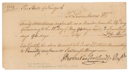Lot #164 Lewis Morris: Sought-after pay document endorsed by the New York signer, for 