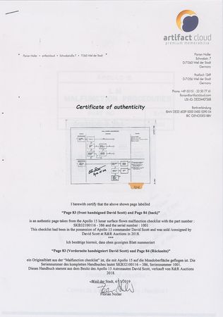 Lot #4275  Apollo 15 Surface-Flown Checklist Page Signed by Dave Scott - Image 2