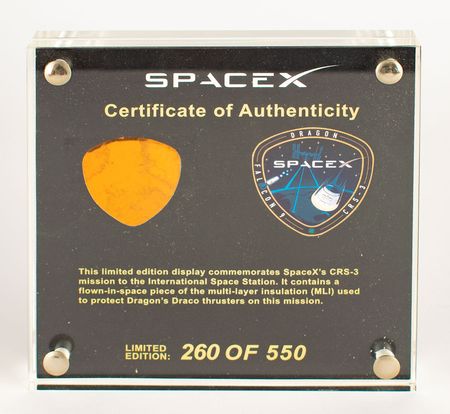 Lot #4513  SpaceX Dragon CRS-3 Flown MLI Foil Employee Presentation - Image 1
