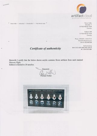 Lot #4013  Mercury Program Flown Artifact Display [Attested to as Flown by Florian Noller] - Image 3