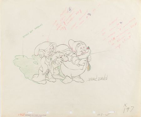 Lot #630 Dopey, Grumpy, and Doc production drawing from Snow White and the Seven Dwarfs signed by Marc Davis Production Drawing - Image 1