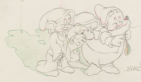 Lot #630 Dopey, Grumpy, and Doc production drawing from Snow White and the Seven Dwarfs signed by Marc Davis Production Drawing - Image 2