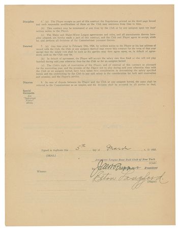 Lot #1096 Ban Johnson and Jacob Ruppert Signed Document - Image 1