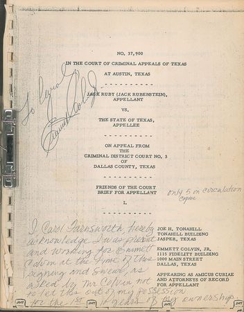 Lot #320 Jack Ruby Second Trial Appeal Papers Signed by Emmett Colvin Court Documents - Image 1
