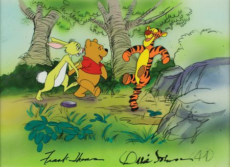 Lot #682 Winnie the Pooh, Tigger, and Rabbit production cel and production background signed by Frank Thomas and Ollie Johnston Production Cel and Production Background - Image 1