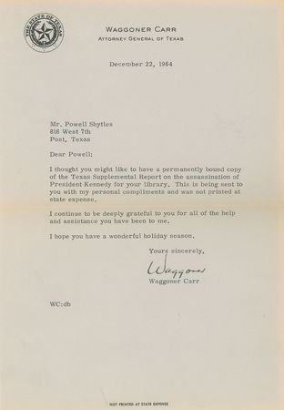 Lot #120 Texas Supplemental Report on the Assassination of John F. Kennedy Signed by Waggoner Carr Book - Image 4