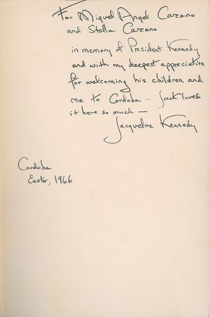 Lot #22 Jacqueline Kennedy Signed Book: Presented to Argentine diplomat and Kennedy family friend Miguel Angel Carcano - Image 2