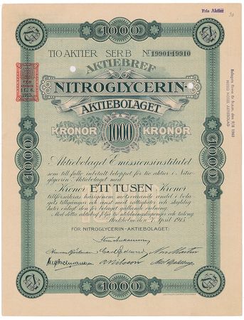 Lot #187 Nobel: Nitroglycerin Aktiebolaget Stock Certificate Document - Image 1