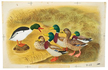 Lot #529 Gustaf Tenggren watercolor painting of a duck family from Farm Stories Watercolor Painting - Image 1