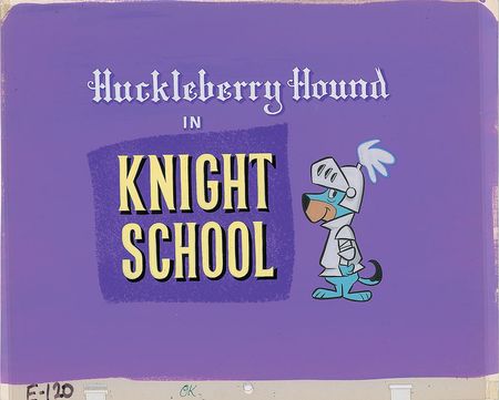 Lot #585 Huckleberry Hound production key master cel and background title card from Knight School Production Key Master Cel and Background Title Card - Image 1