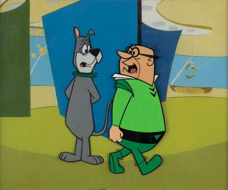 Lot #811 Astro and Spencer Cogswell production cel and production background from The Jetsons: Rare master set-up from the Jetsons' first season - Image 1
