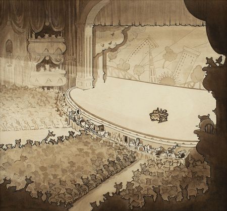 Lot #454 Theater stage production background from the Betty Boop cartoon Silly Scandals: Ultra-early Fleischer background from an historic Betty Boop cartoon - Image 1