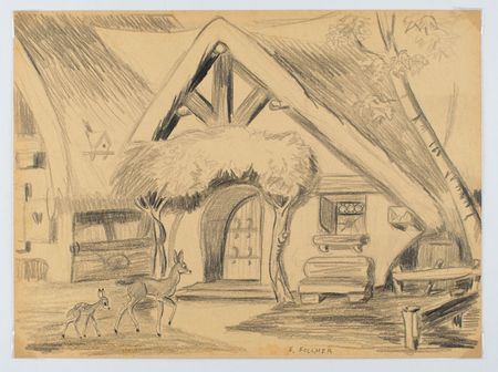 Lot #629 Frank Follmer concept drawing of Snow White's cottage from Snow White and the Seven Dwarfs Concept Sketch - Image 1