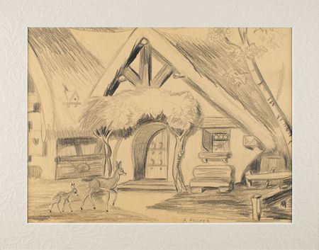Lot #629 Frank Follmer concept drawing of Snow White's cottage from Snow White and the Seven Dwarfs Concept Sketch - Image 2