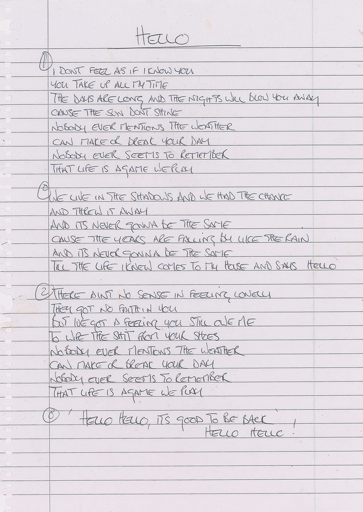 Noel Gallagher Handwritten Lyrics for (What's the Story) Morning Glory?