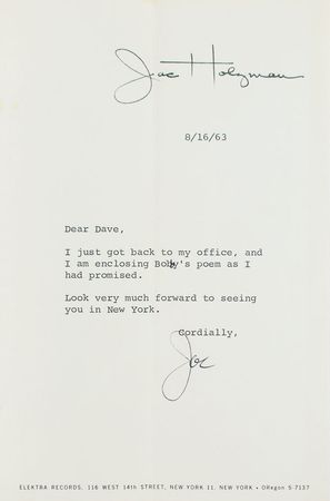 Lot #5016 Bob Dylan Newport Folk Festival 'For Dave Glover' Poem and Jac Holzman Typed Letter Signed - Image 4