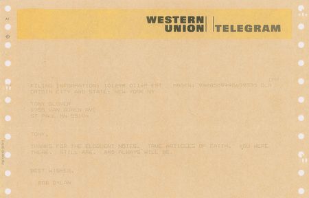 Lot #5040 Bob Dylan Telegram to Tony Glover - Image 1