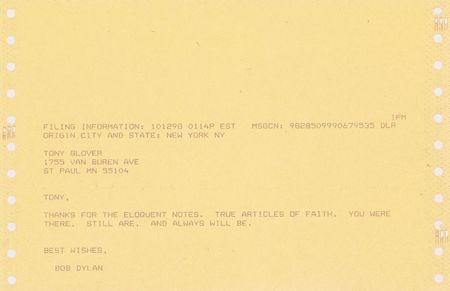 Lot #5040 Bob Dylan Telegram to Tony Glover - Image 2