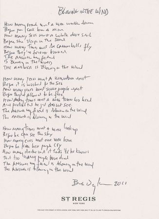 Lot #5271 Bob Dylan Handwritten Lyrics for 'Blowin' in the Wind' - Image 1