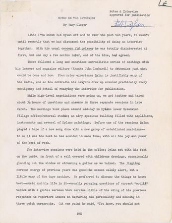 Lot #5036 Bob Dylan Signed and Annotated 1971 Interview Notes and Transcript (Esquire Copy) - Image 1