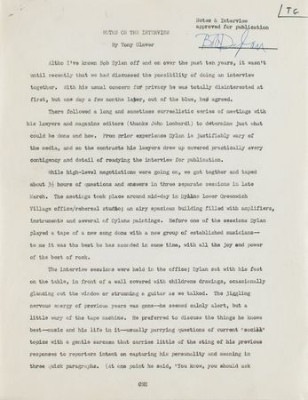 Lot #5037 Bob Dylan Signed 1971 Interview Notes and Transcript (Tony Glover's Copy) - Image 1