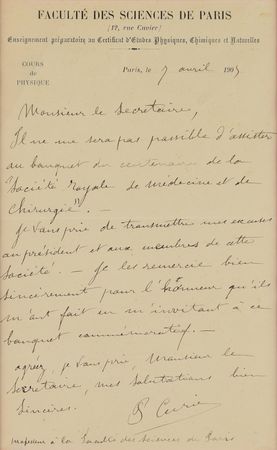 Lot #154 Pierre Curie: Curie politely declines to attend a 